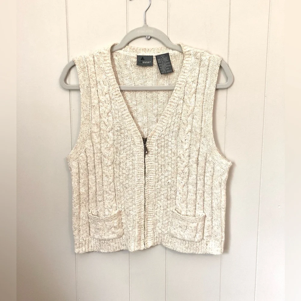 Vintage LizWear Sweater Vest Cardigan Zip Crop Oatmeal Cotton Blend Medium Y2K - Picture 1 of 6
